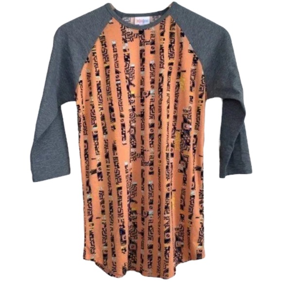 Lularoe size large orange tribal design, grey 3/4 sleeves & collar, curved hem - Picture 12 of 12